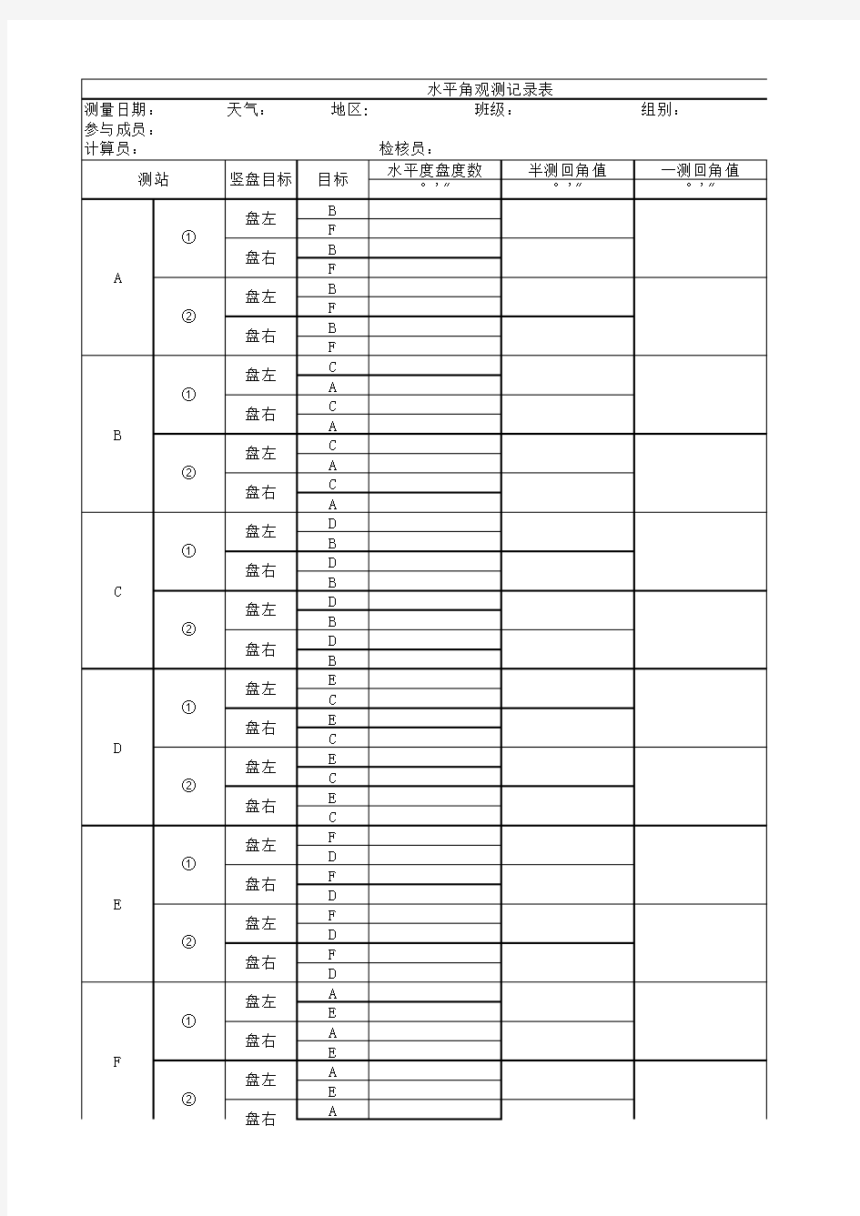 水平角观测记录表