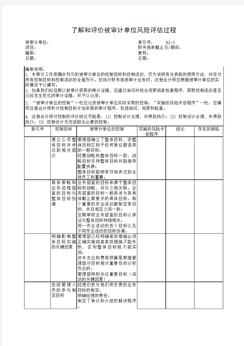 风险评估程序工作底稿4