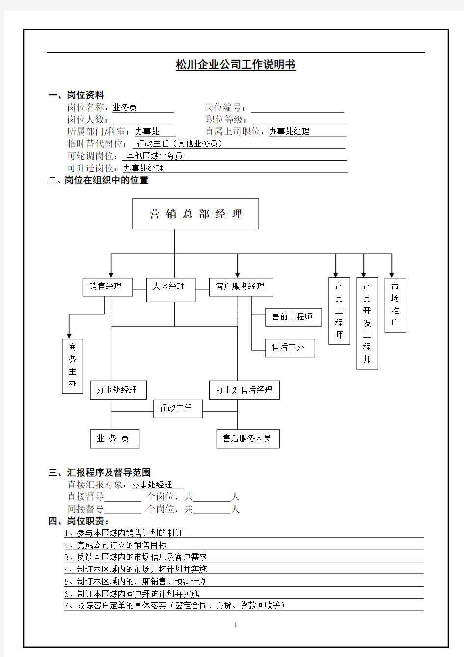 公司人力资源管理：业务员 岗位说明书