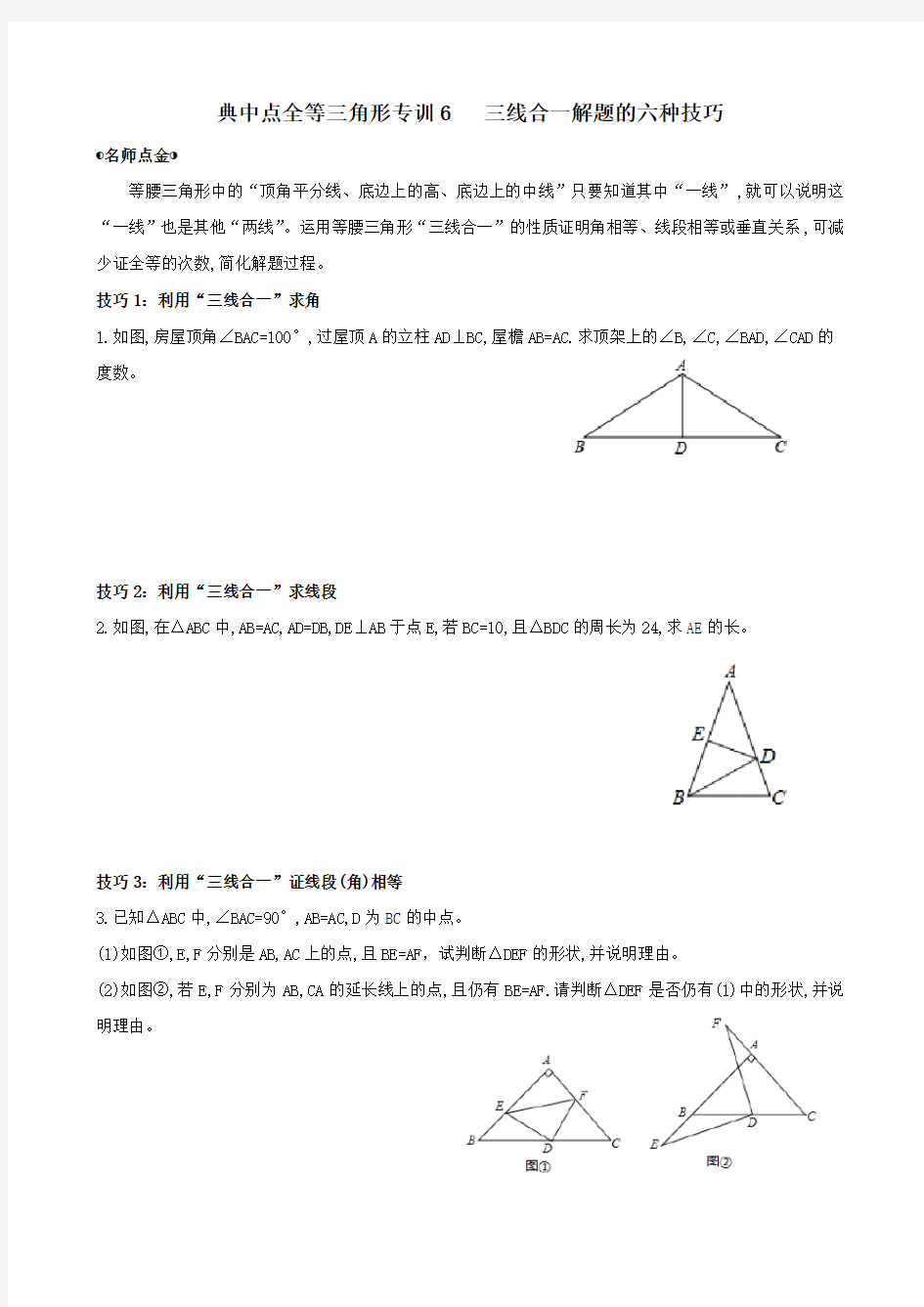 典中点全等三角形专训6   三线合一解题的六种技巧