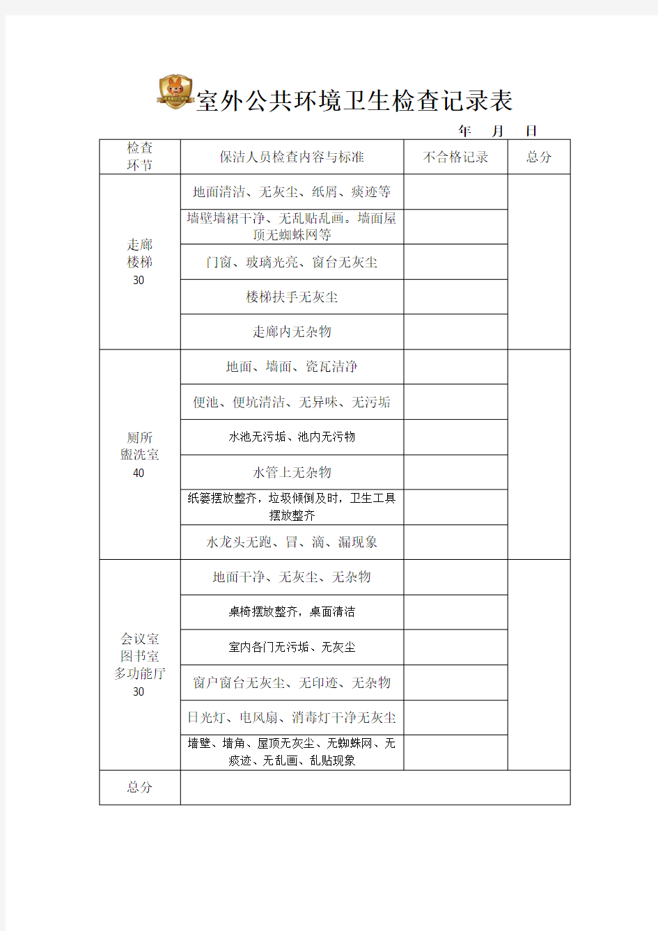 室外公共环境卫生检查记录表