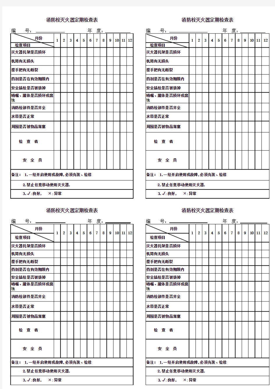 消防栓及灭火器定期检查表模板