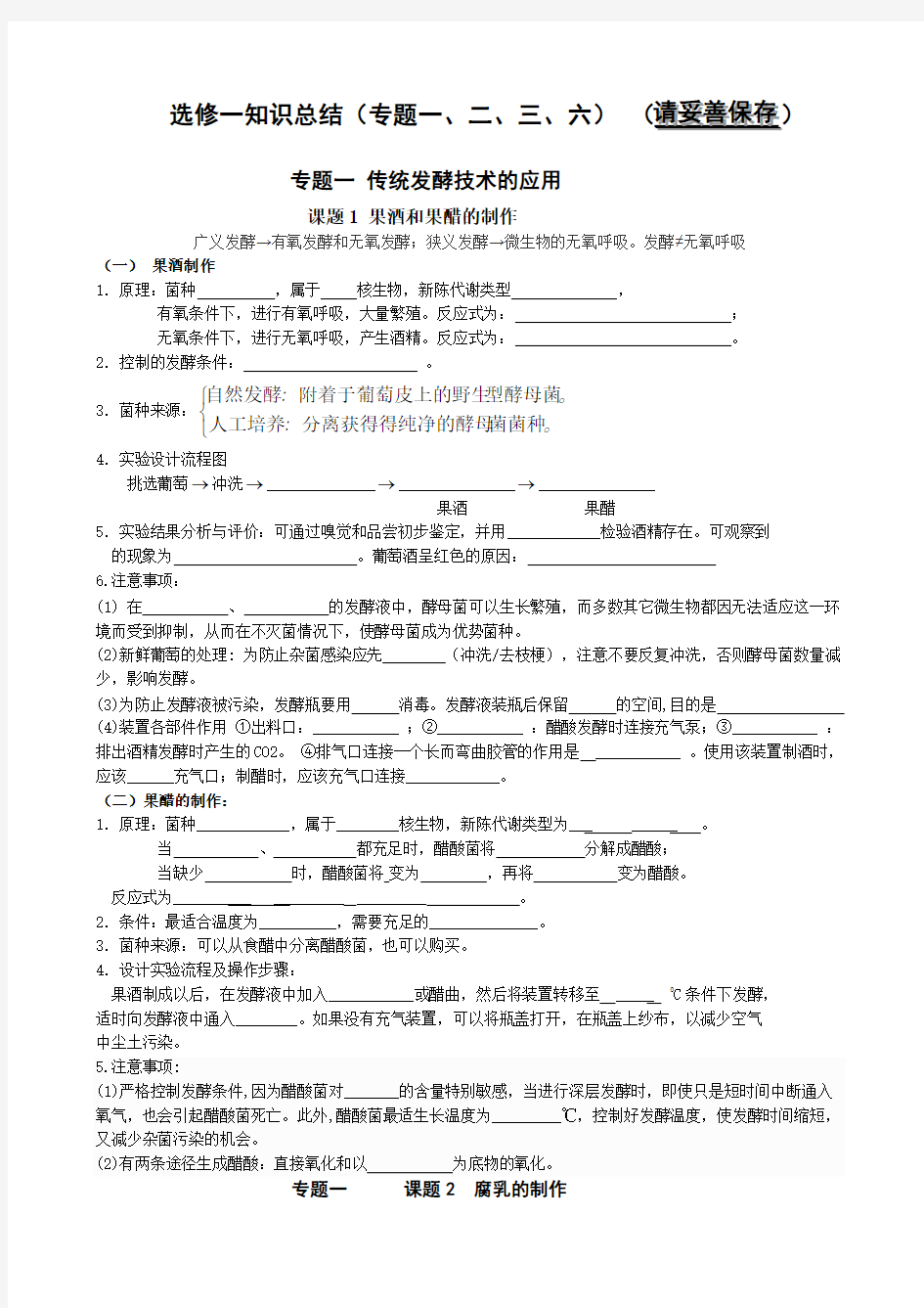 高中生物选修传统发酵技术知识点总结全面