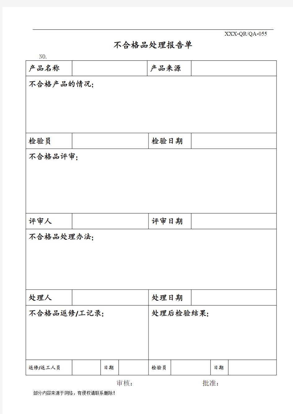 不合格品处理报告单新版范本