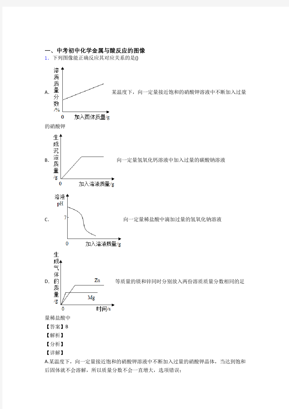 中考化学 金属与酸反应的图像 综合题及答案解析