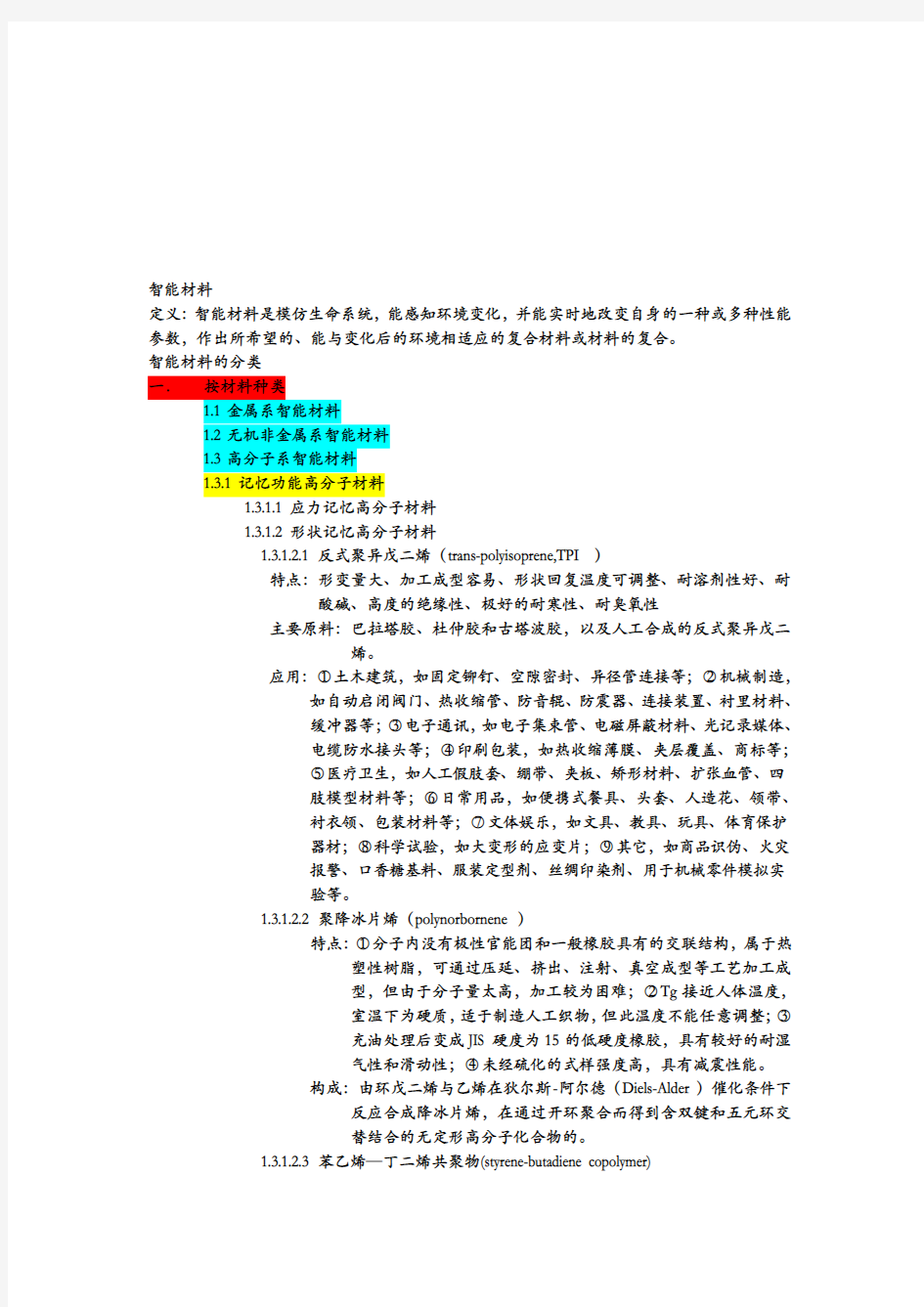 智能材料的种类、来源与功能