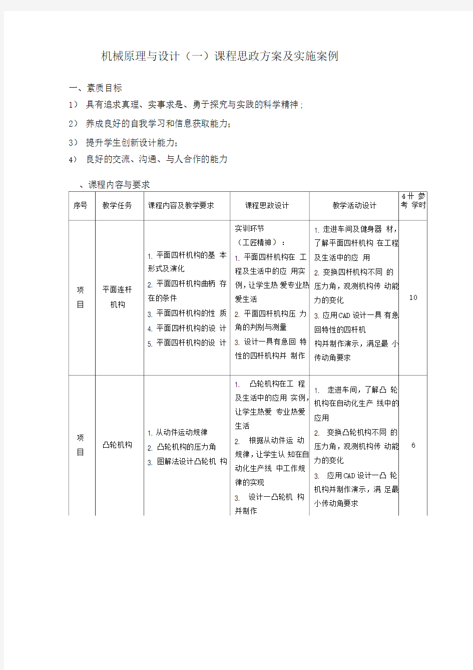 课程思政方案及实施案例(机械原理与设计)