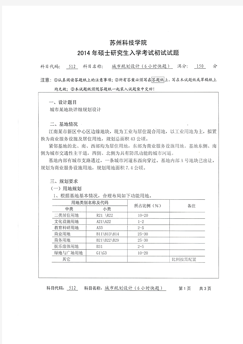 苏州科技学院考研试题512城市规划设计(6小时快题)(2014年~2016年)