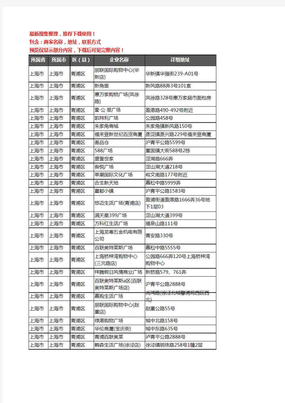 新版上海市上海市青浦区商场企业公司商家户名录单联系方式地址大全50家