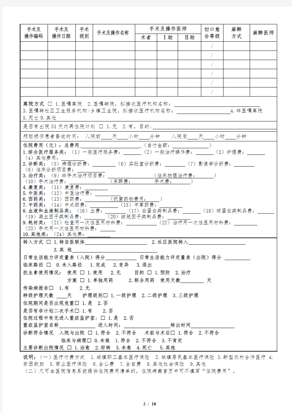 安徽省住院病案首页统一模版