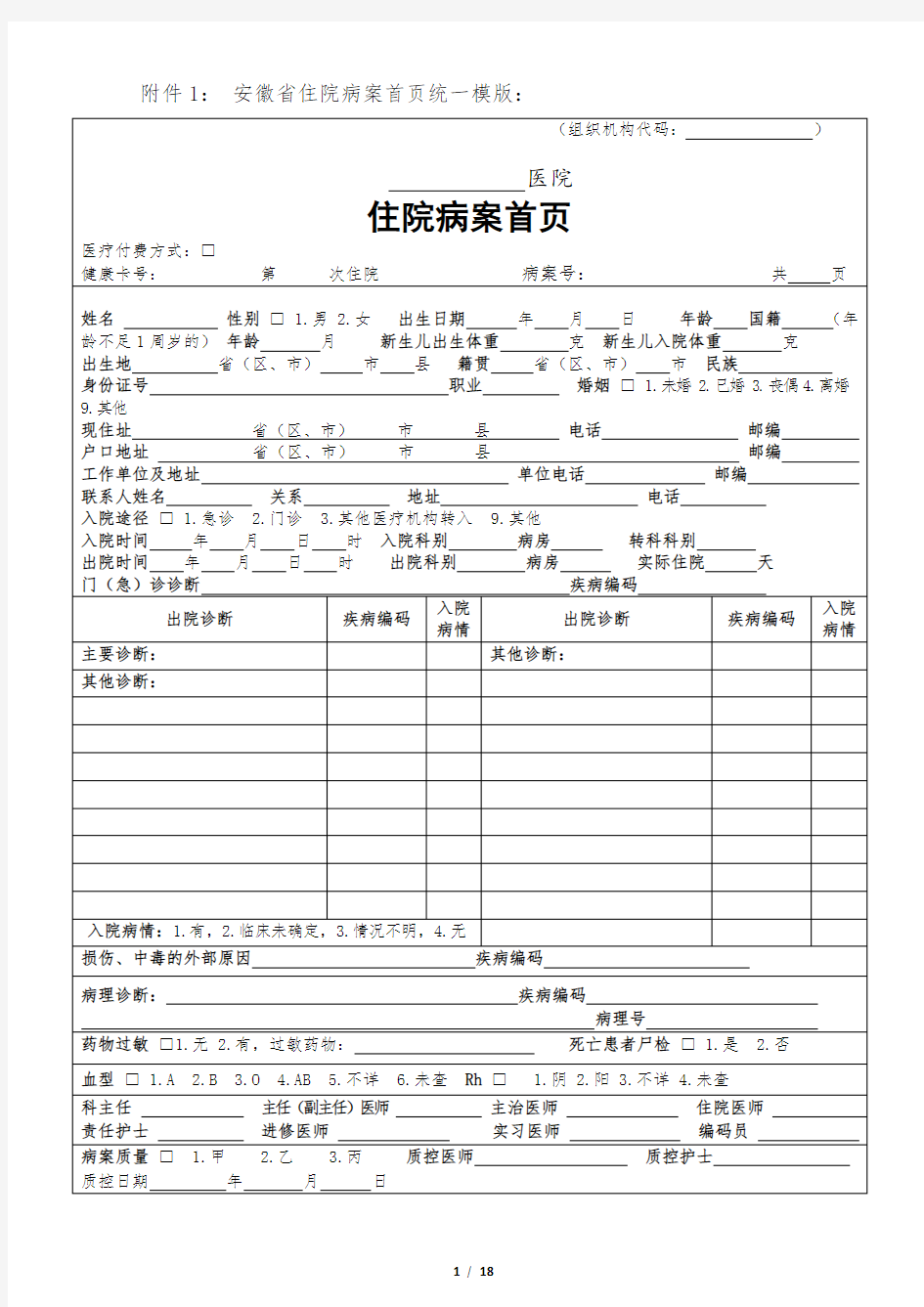 安徽省住院病案首页统一模版