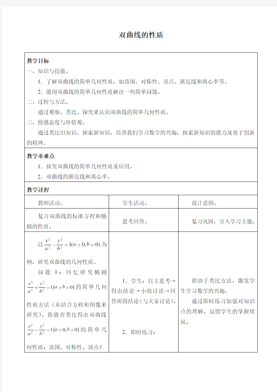 沪教版(上海)高二数学第二学期-12.6 双曲线的性质-教案