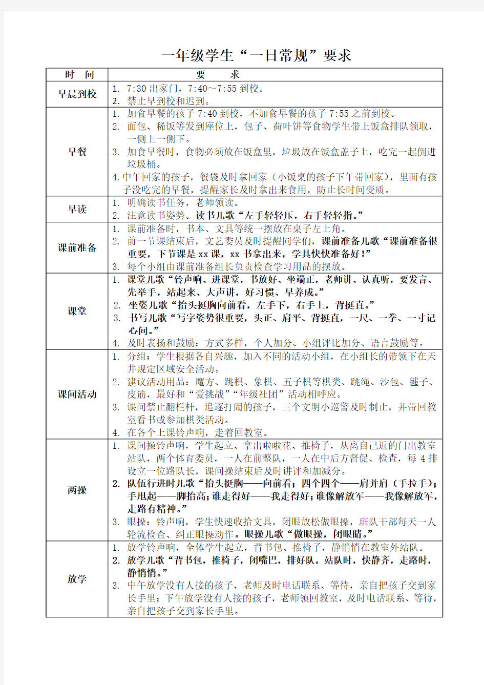 一年级学生“一日常规”要求