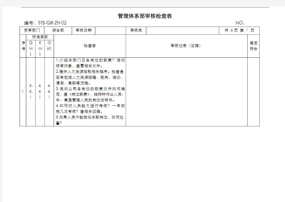 内部体系审核检查表(综合部)