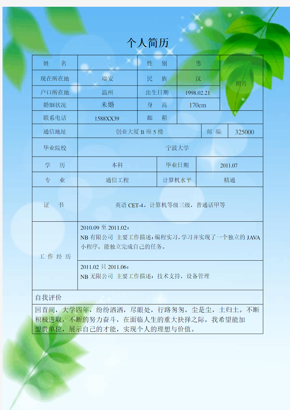 信息技术个人简历模板