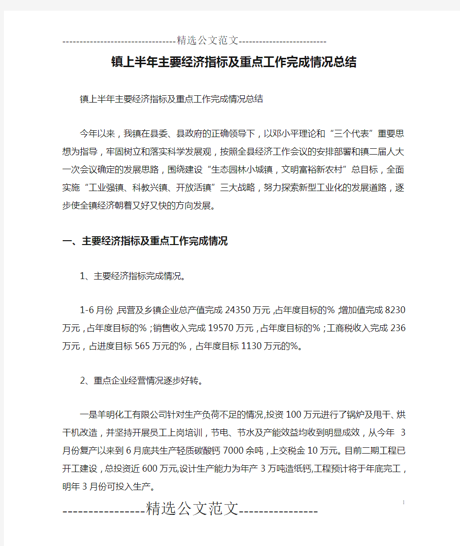 镇上半年主要经济指标及重点工作完成情况总结