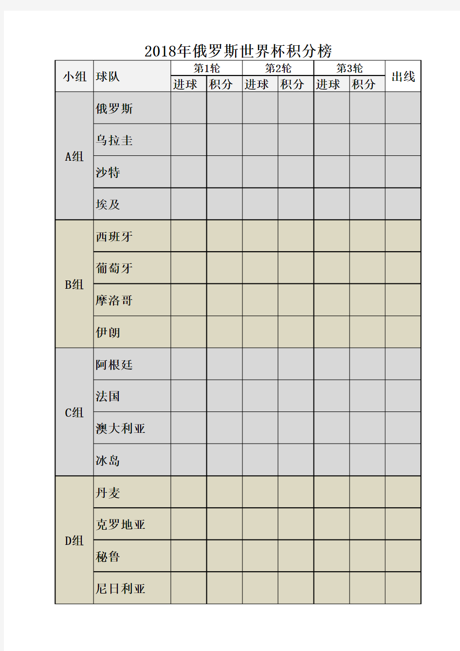 2018世界杯赛程 电子表格打印版