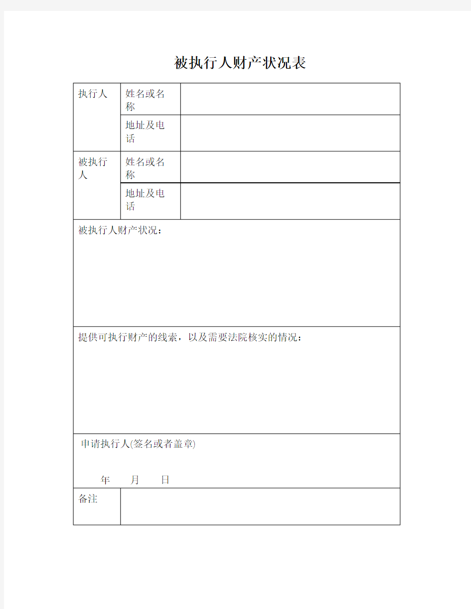 被执行人财产状况表(申请强制执行人向法院提供)