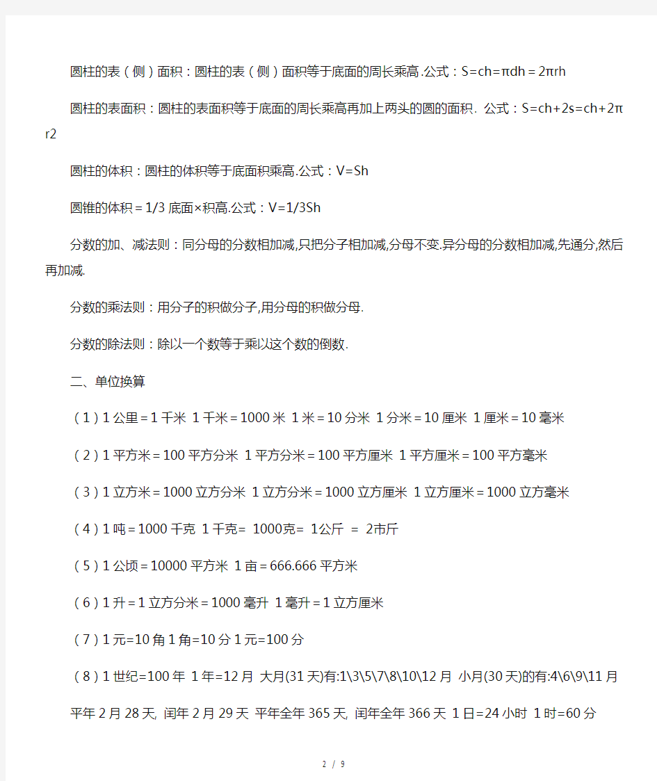 小学数学所有公式大全人教版