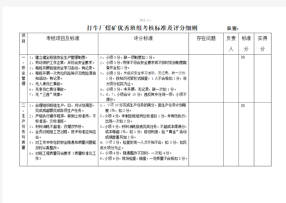 煤矿企业优秀班组考核标准及评分细则