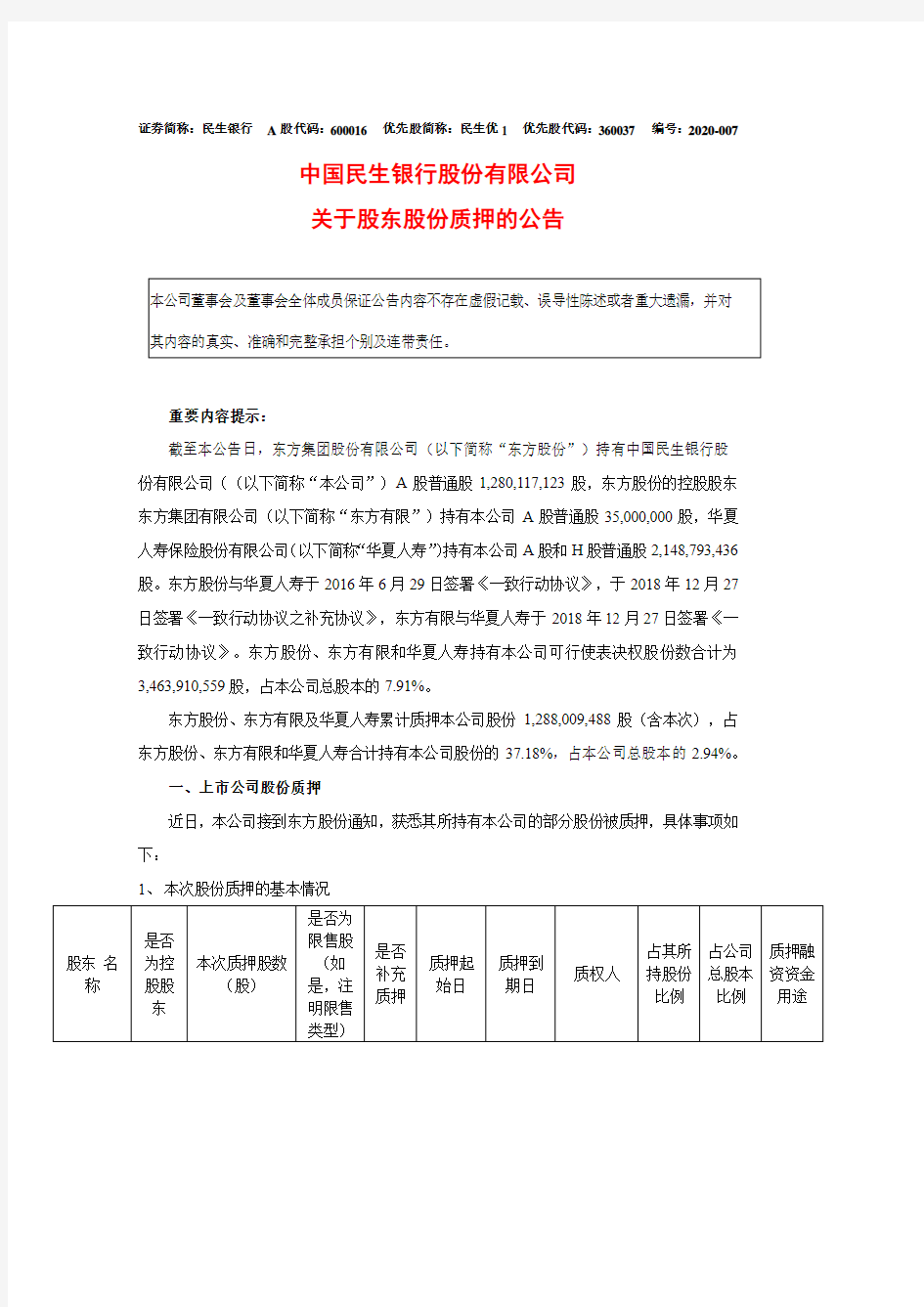 民生银行：关于股东股份质押的公告