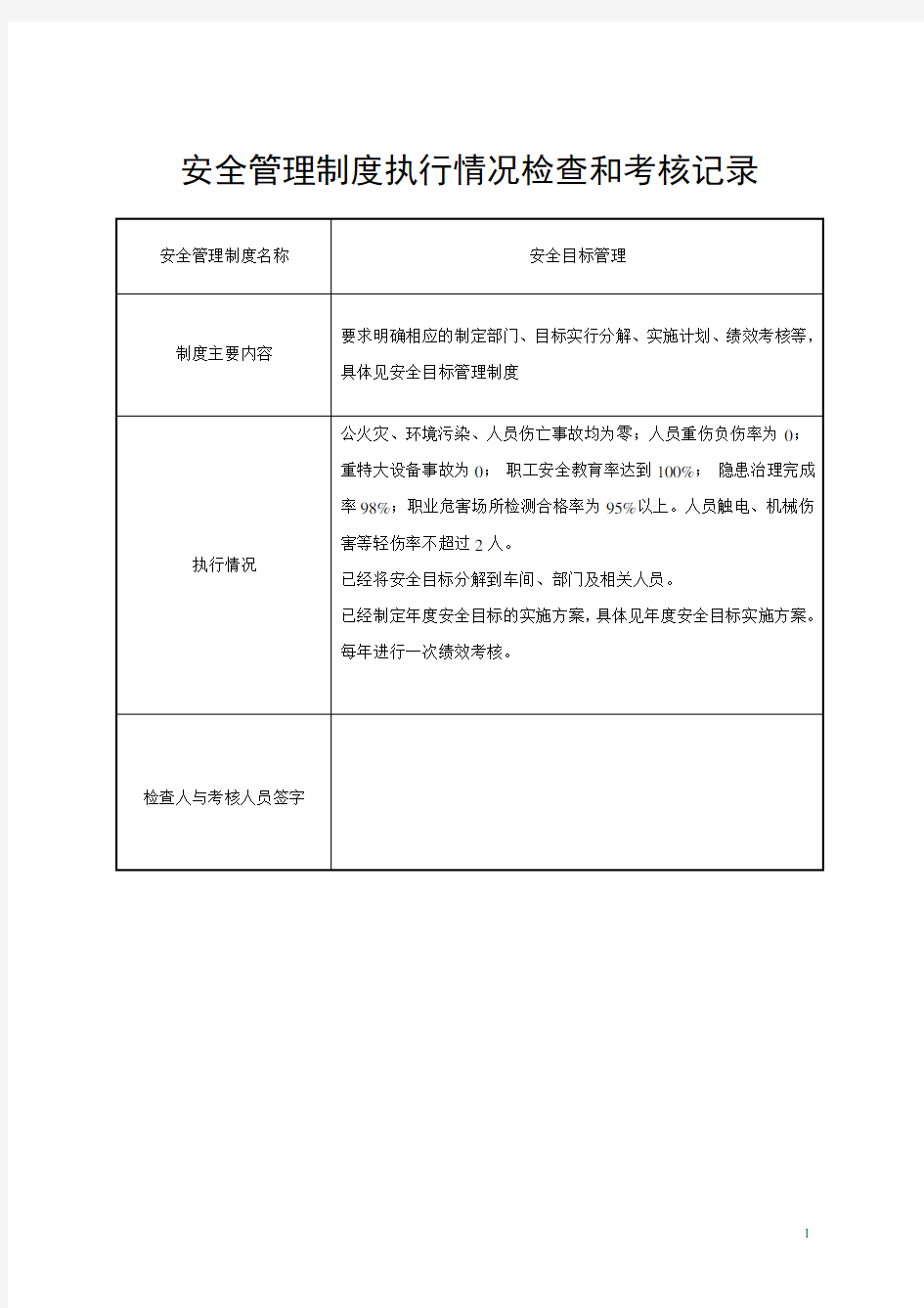 安全管理制度执行情况检查和考核记录