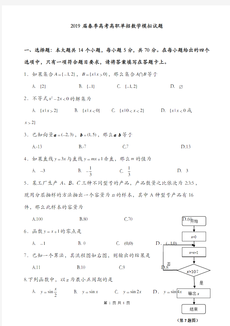 【模拟试题】2019届春季高考高职单招数学模拟试题及答案