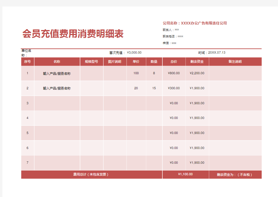 会员充值费用消费明细表