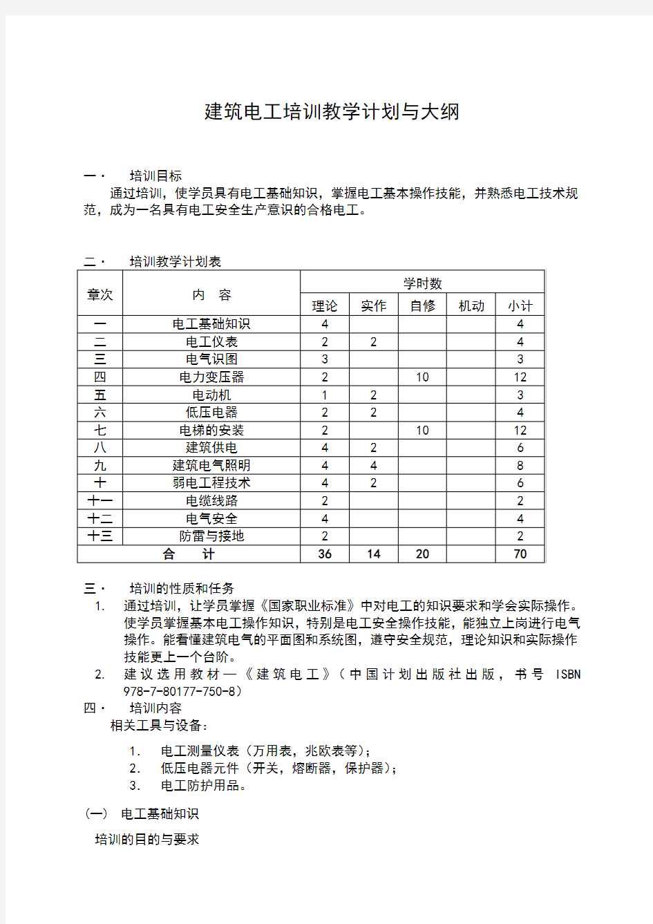 建筑电工培训教学计划与大纲