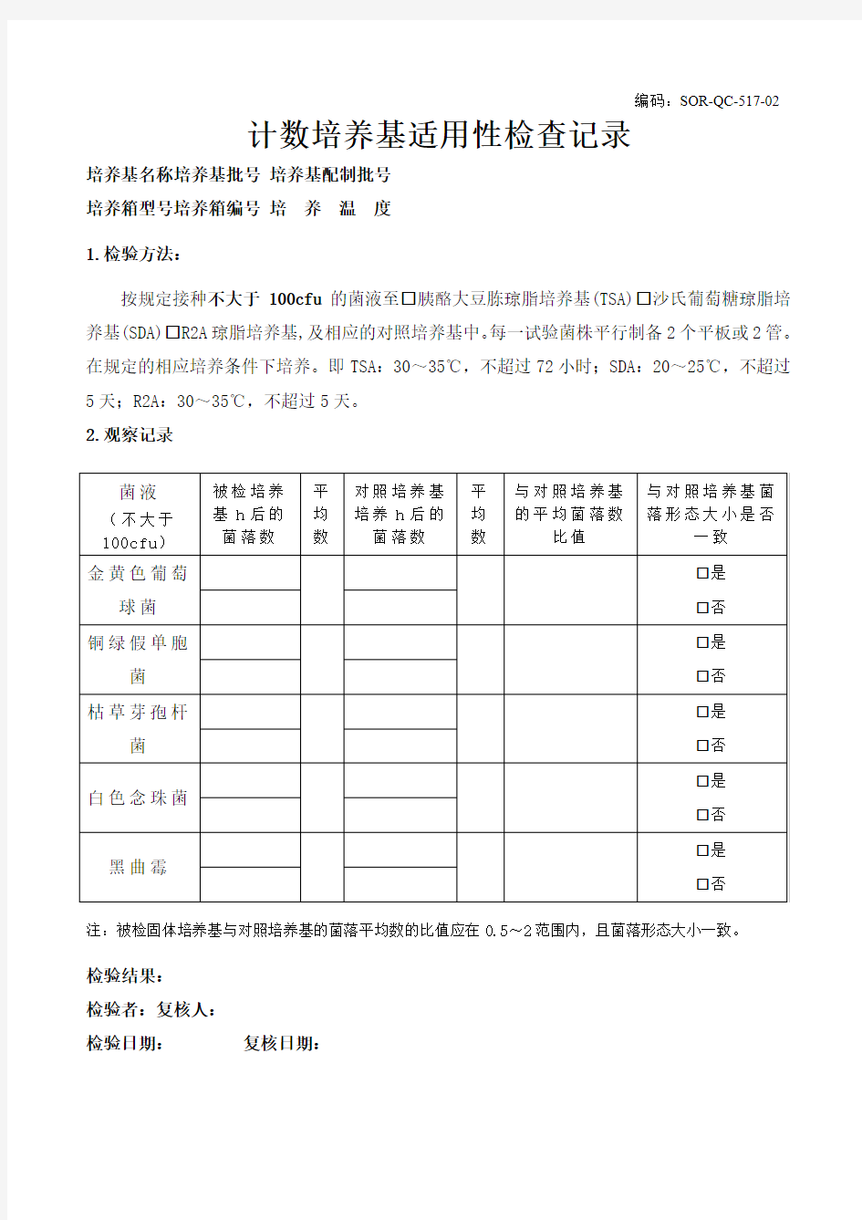 计数培养基适用性检查记录