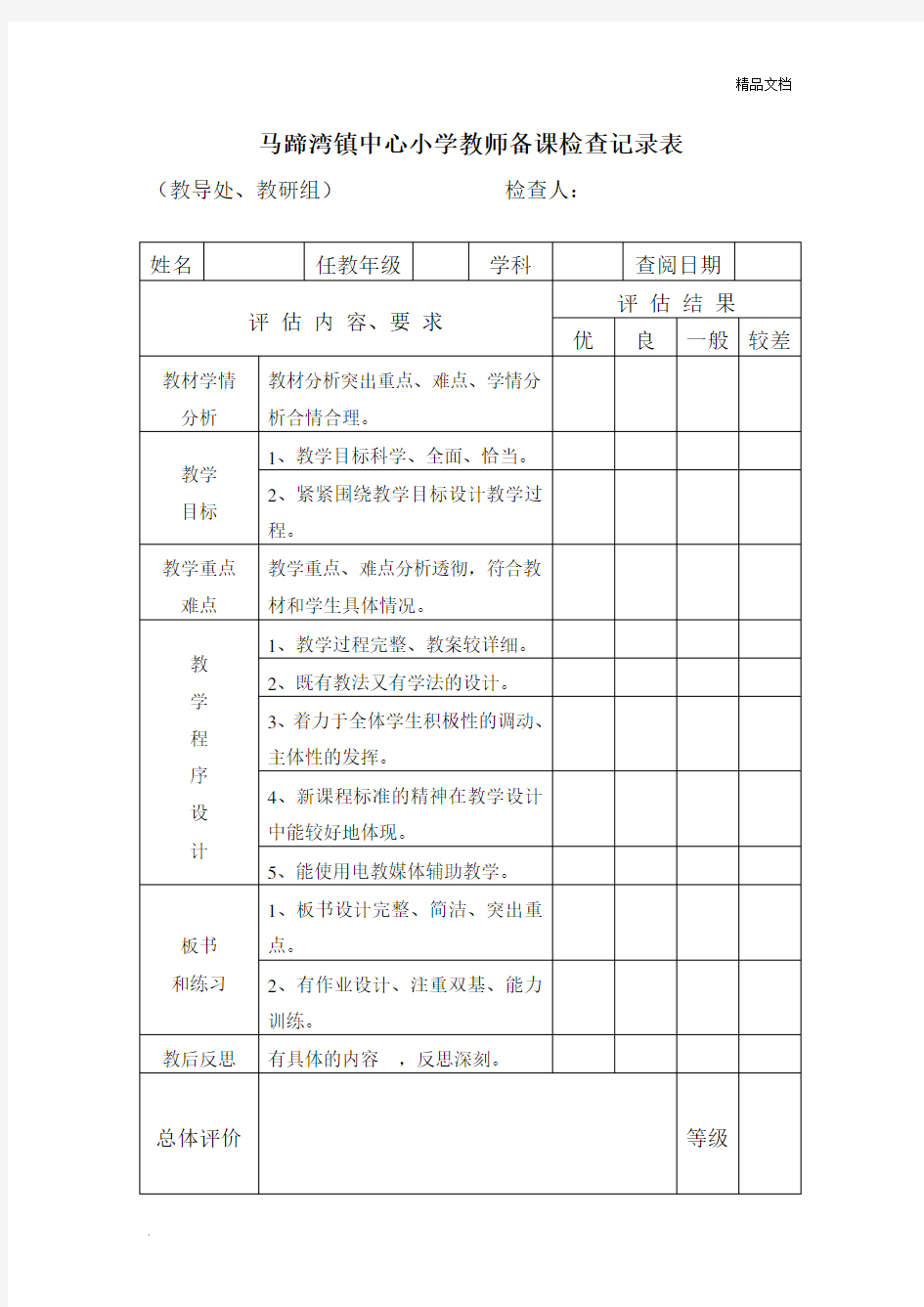 小学教师备课检查记录表模版