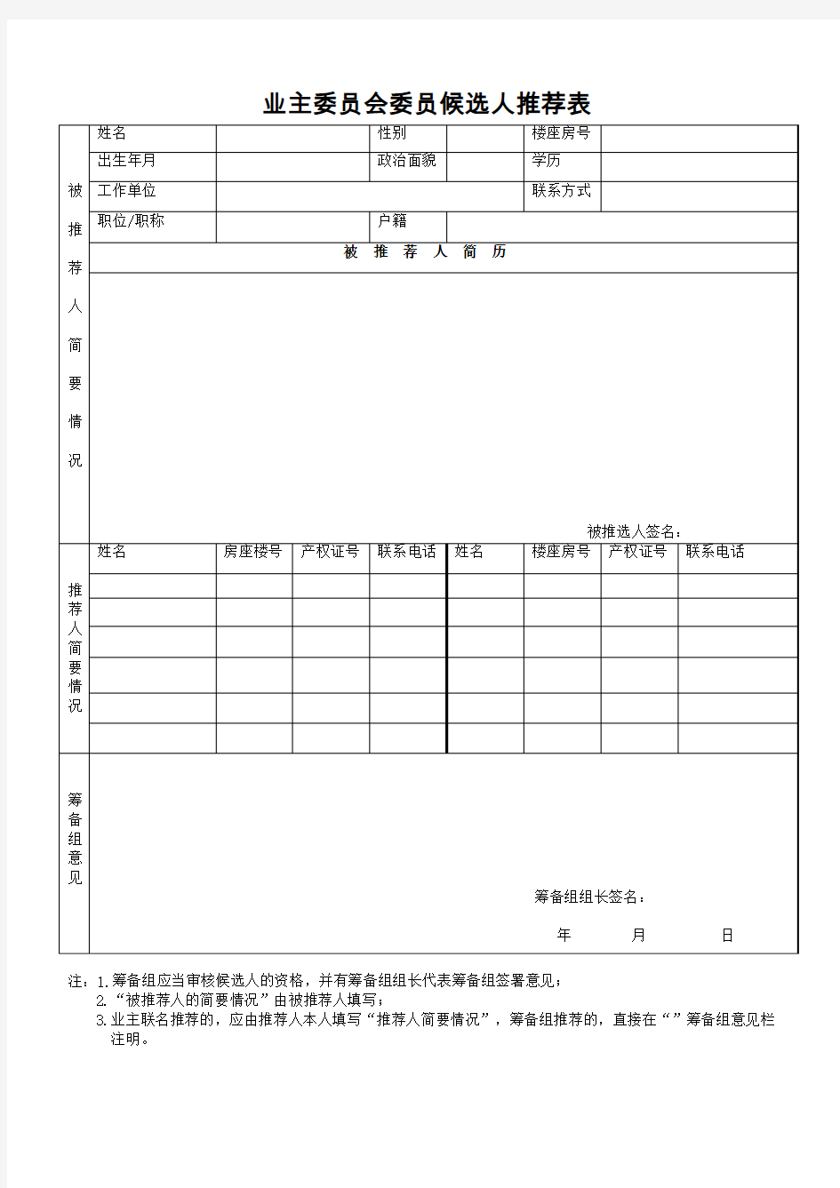 业主委员会委员候选人推荐表