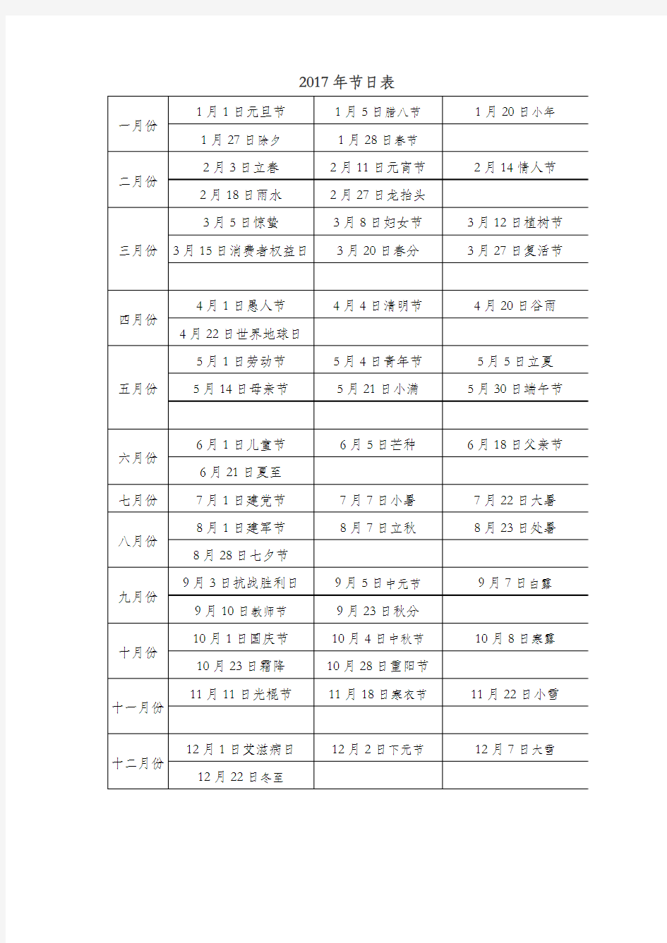 2016年-2017年节日表