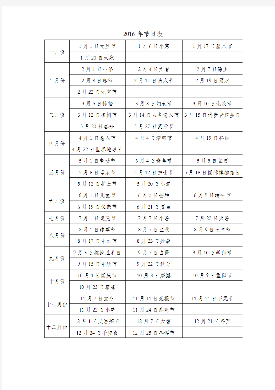 2016年-2017年节日表