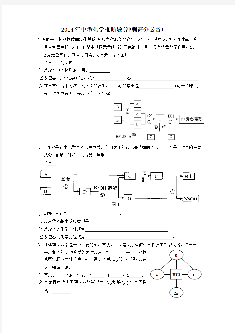 2014年中考化学推断题(冲刺高分必备)