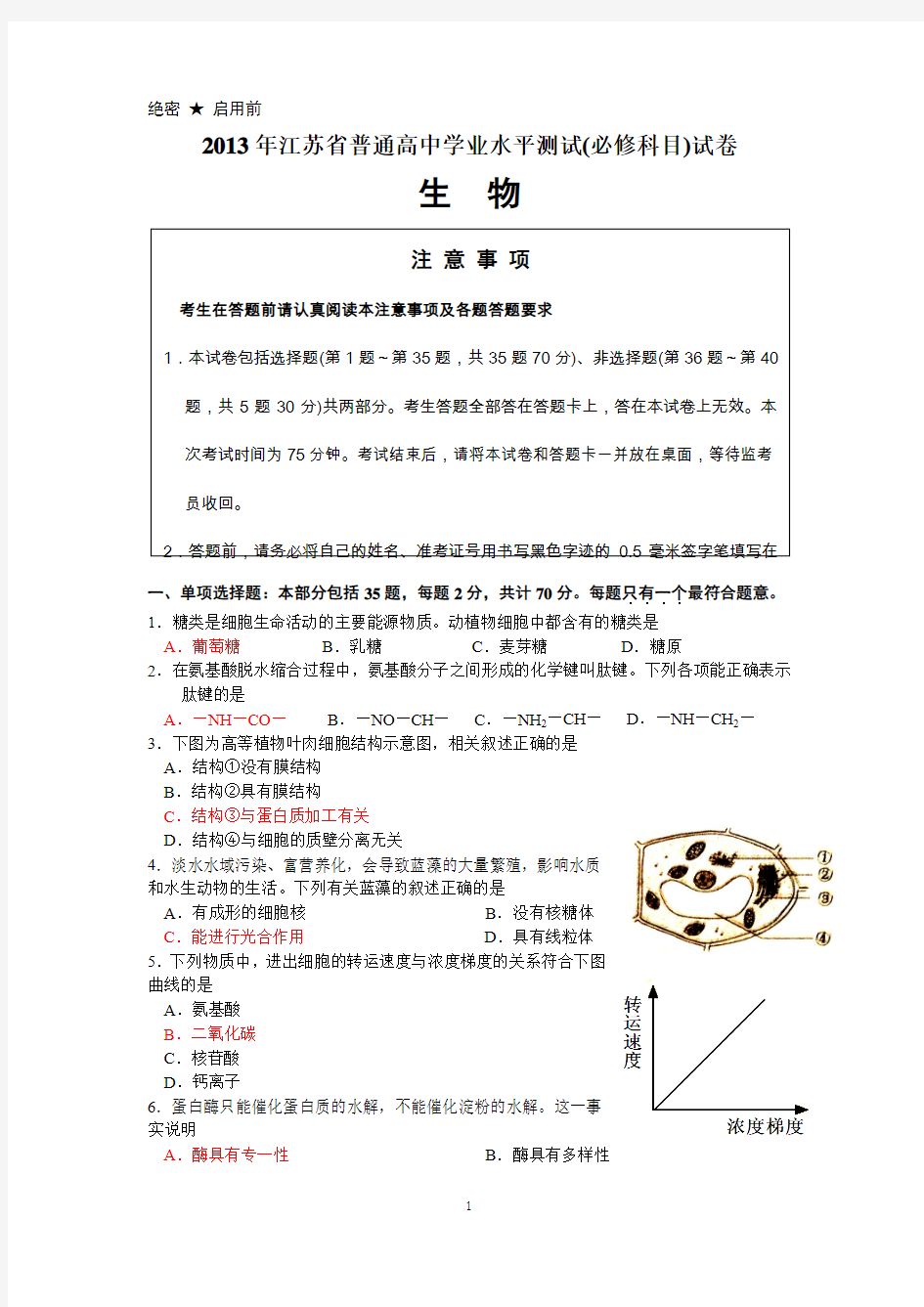 2013年江苏省普通高中学业水平测试小高考生物试卷及答案