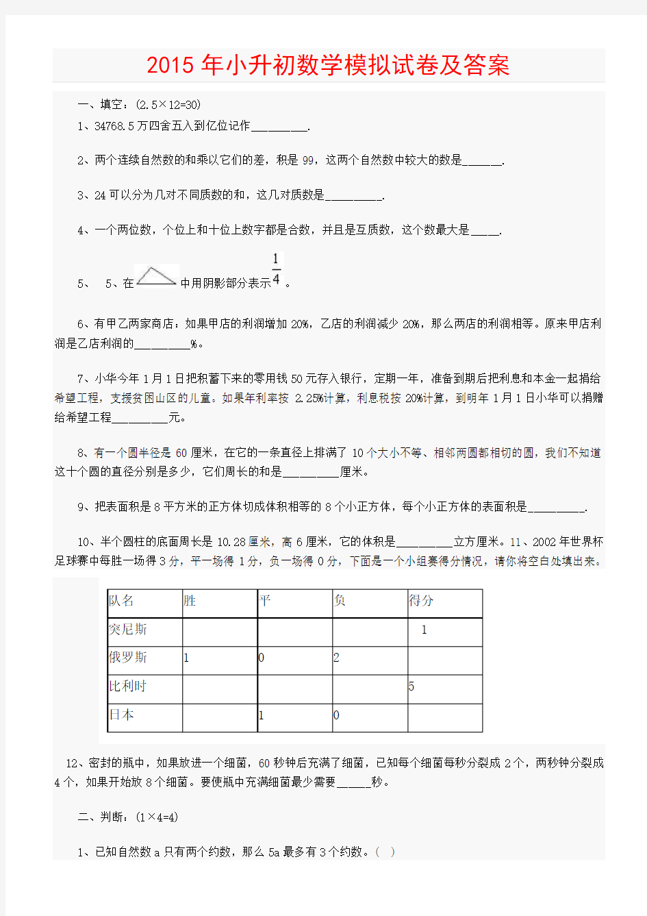 2015年小升初数学全真模拟试卷及答案