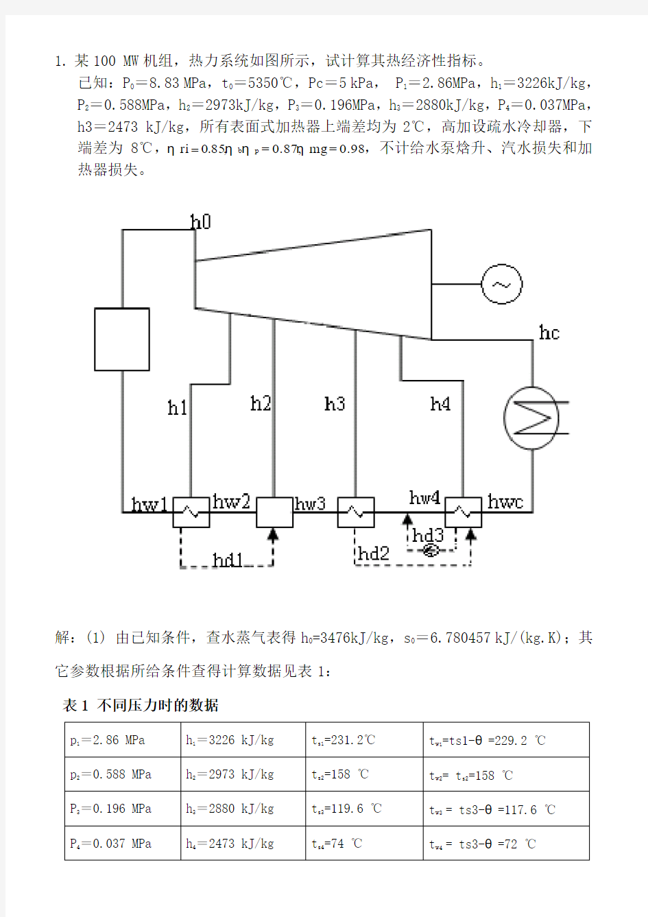 热力发电厂例题(回热系统100MW300MW