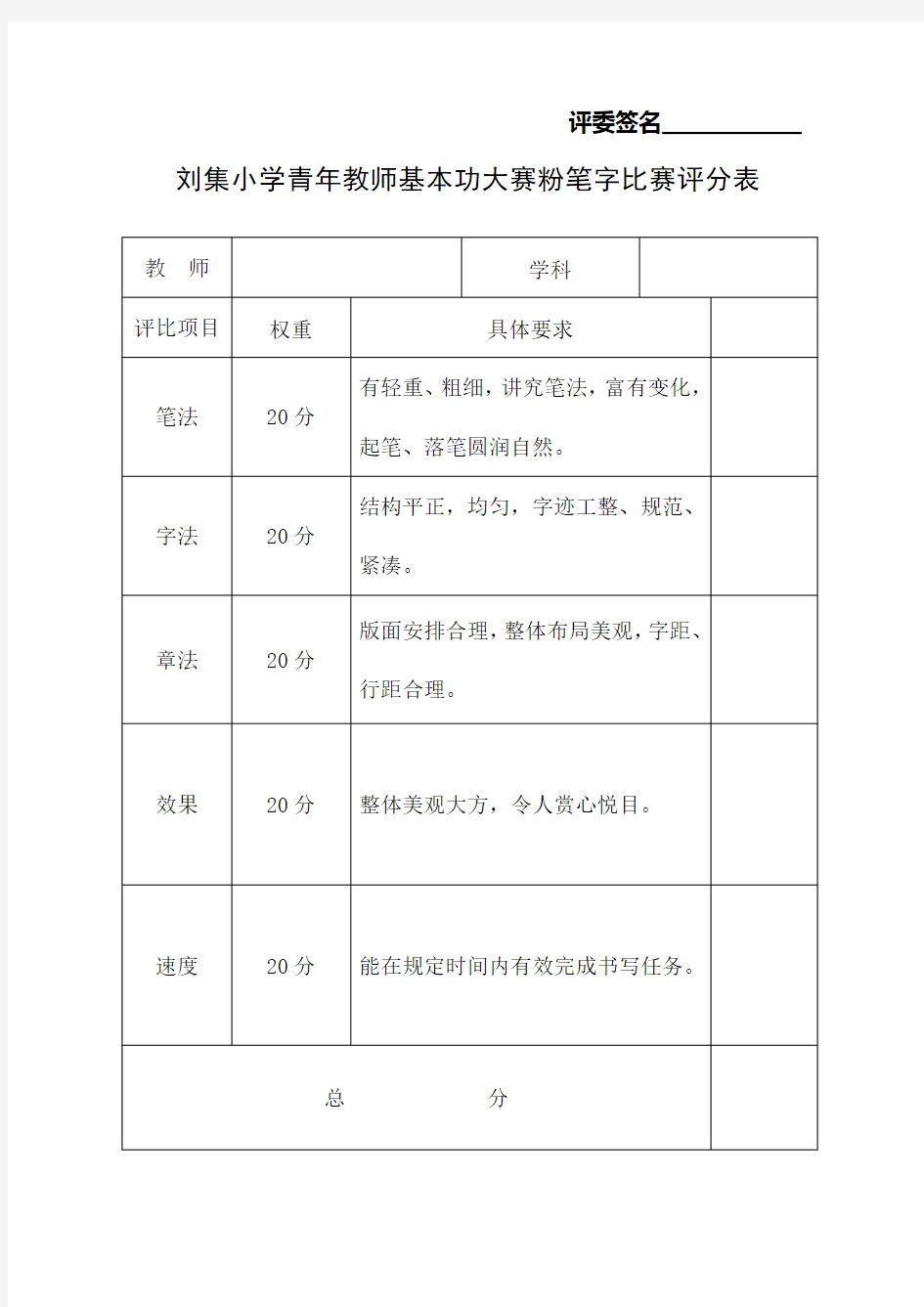 刘集小学青年教师基本功大赛粉笔字比赛评分表