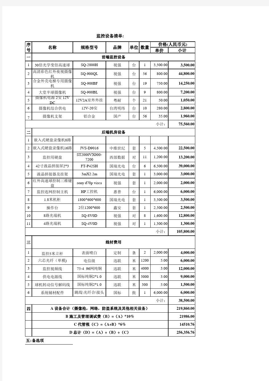 监控系统标准安防报价清单1(自动计算单价与总价)