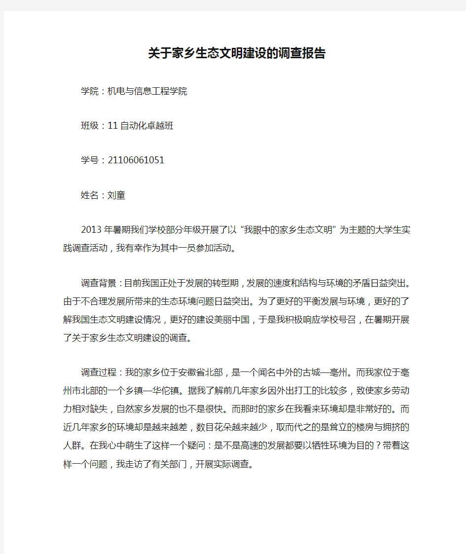 关于家乡生态文明建设的调查报告