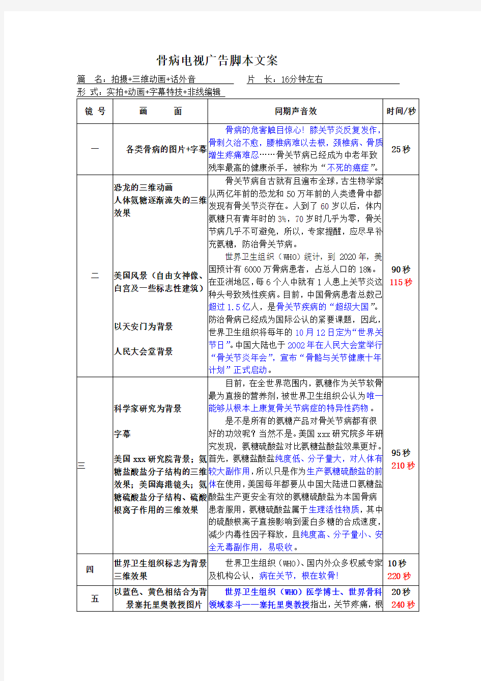 骨病电视广告脚本文案