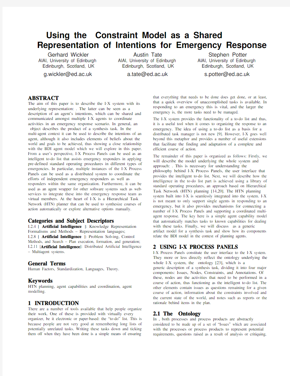 Using the I-N-C-A Constraint Model as a Shared Representation of Intentions for Emergency R