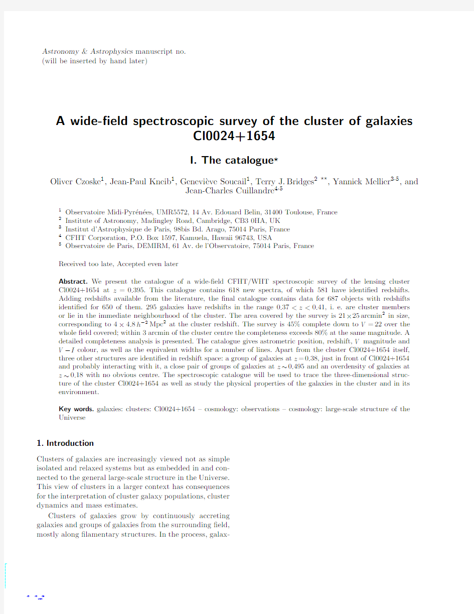 A wide-field spectroscopic survey of the cluster of galaxies Cl0024+1654 I. The catalogue