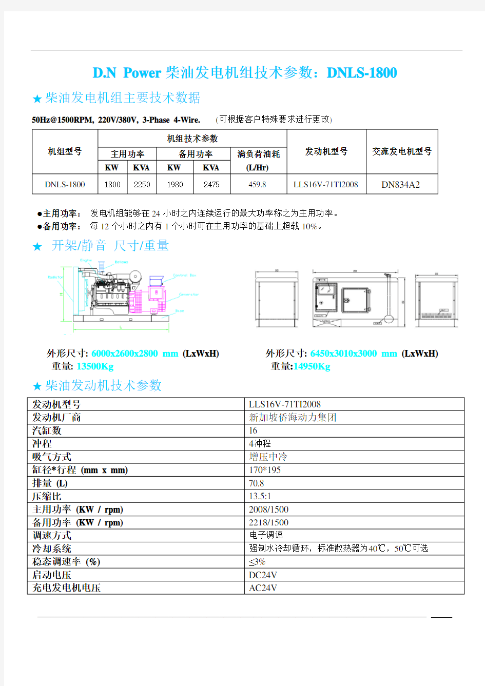 1800kw柴油发电机组技术参数 DNLS-1800