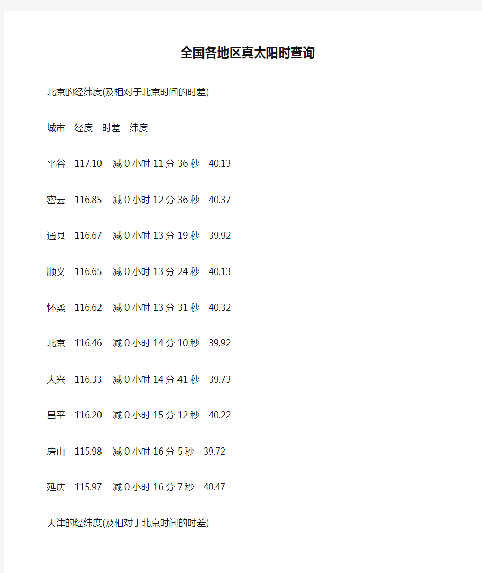 全国各地区真太阳时查询