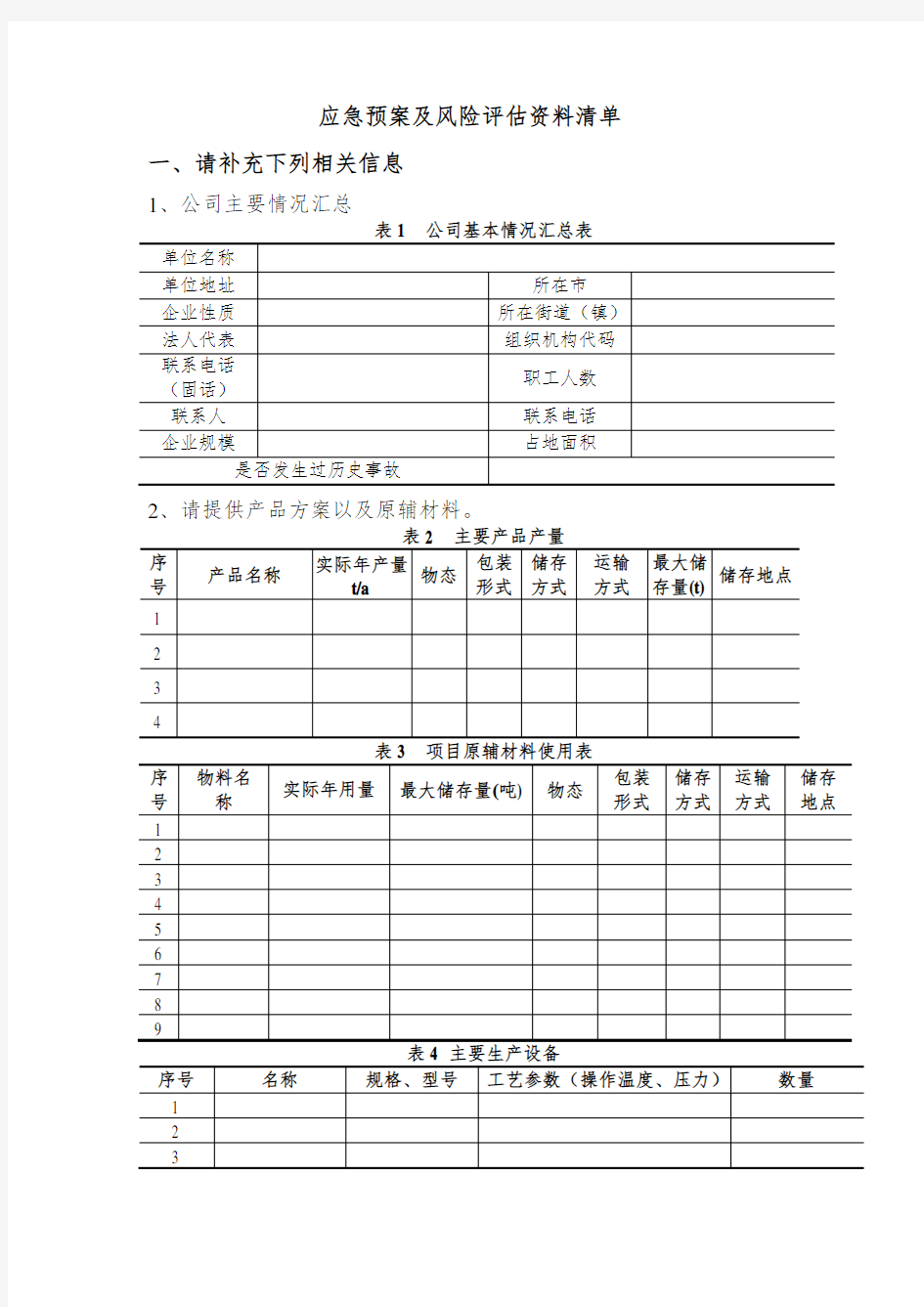 应急预案 风险评估 清单