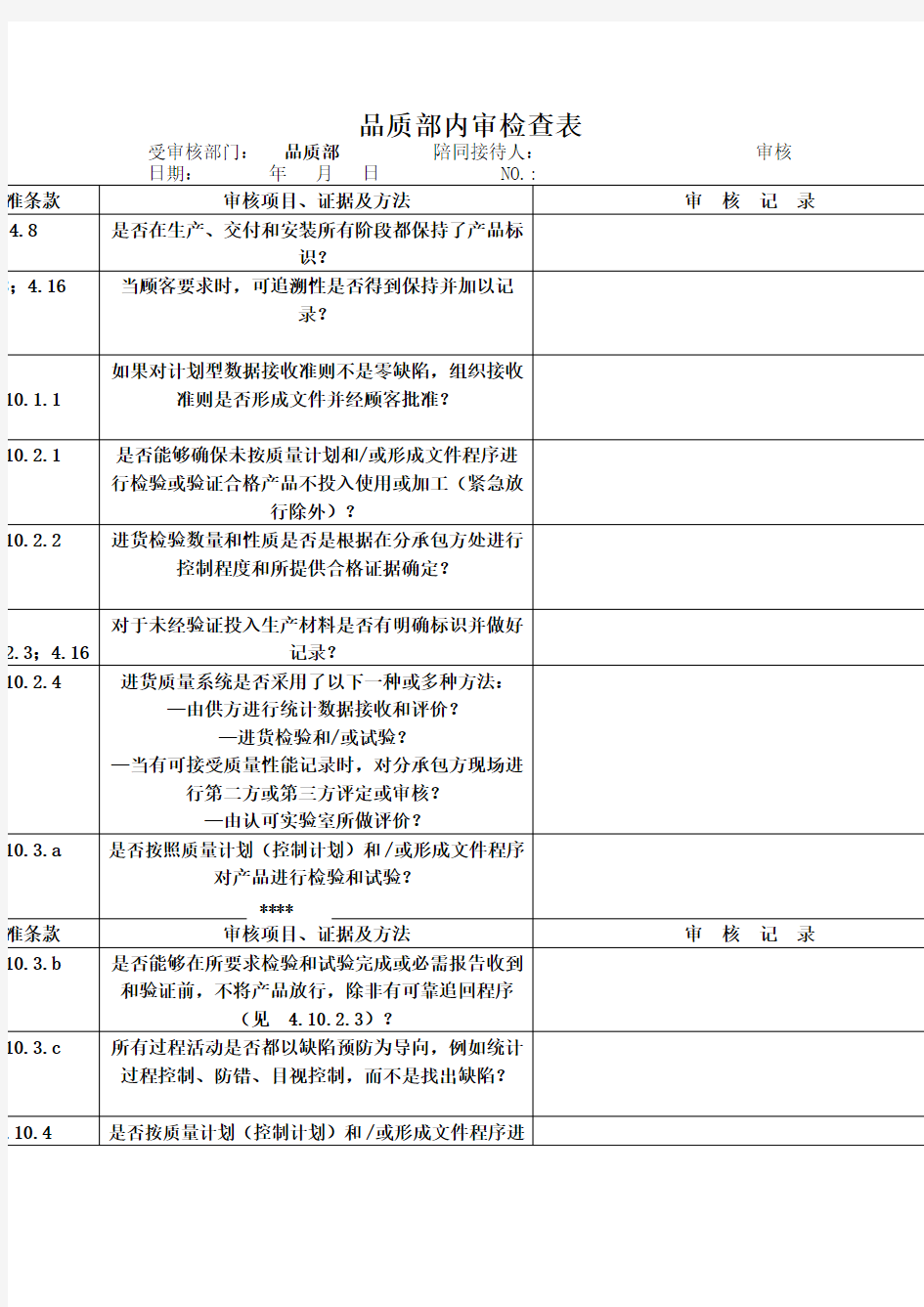 品质部内审检查表