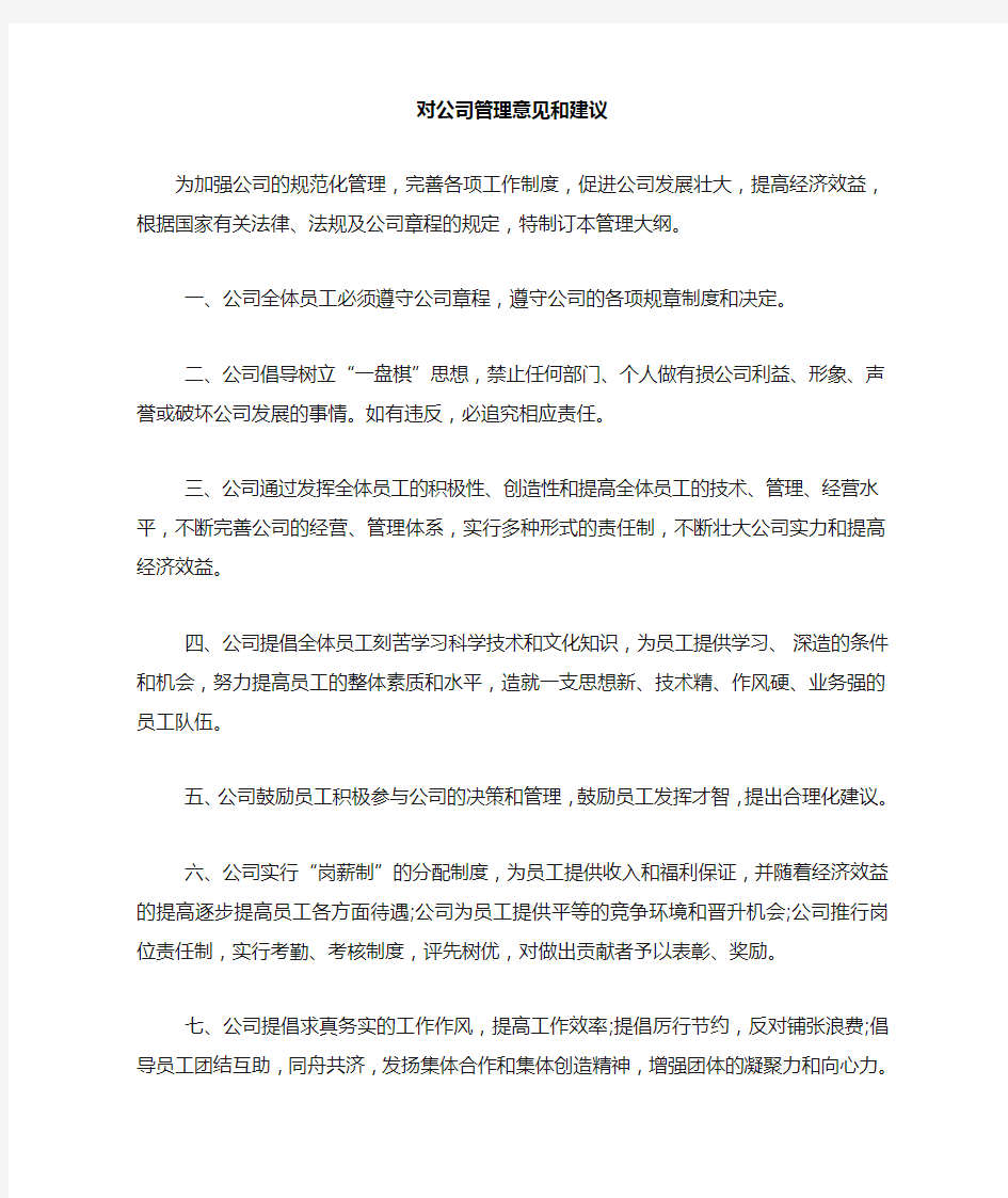 对公司管理意见和建议