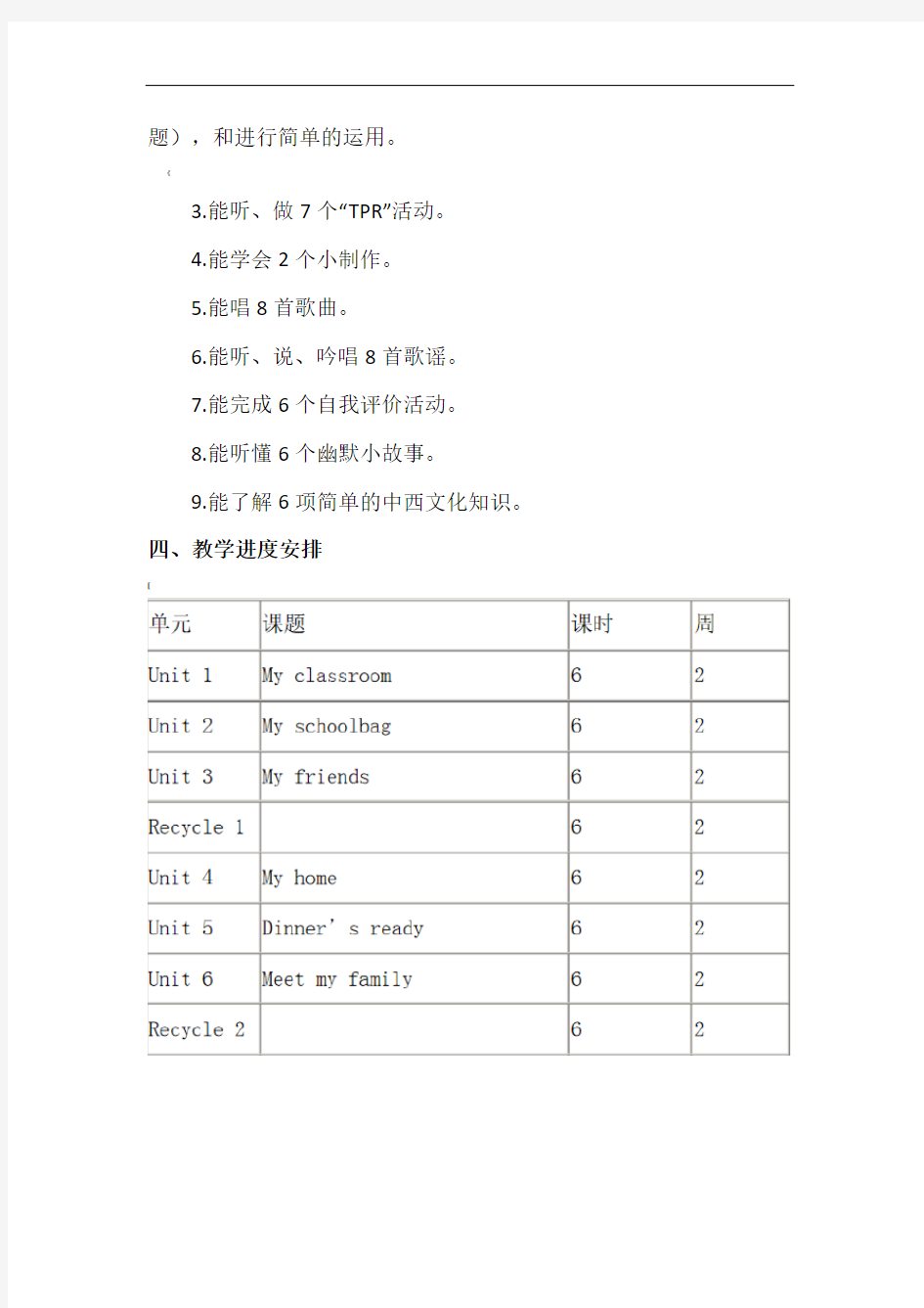 人教版小学四年级英语上册全部单元计划